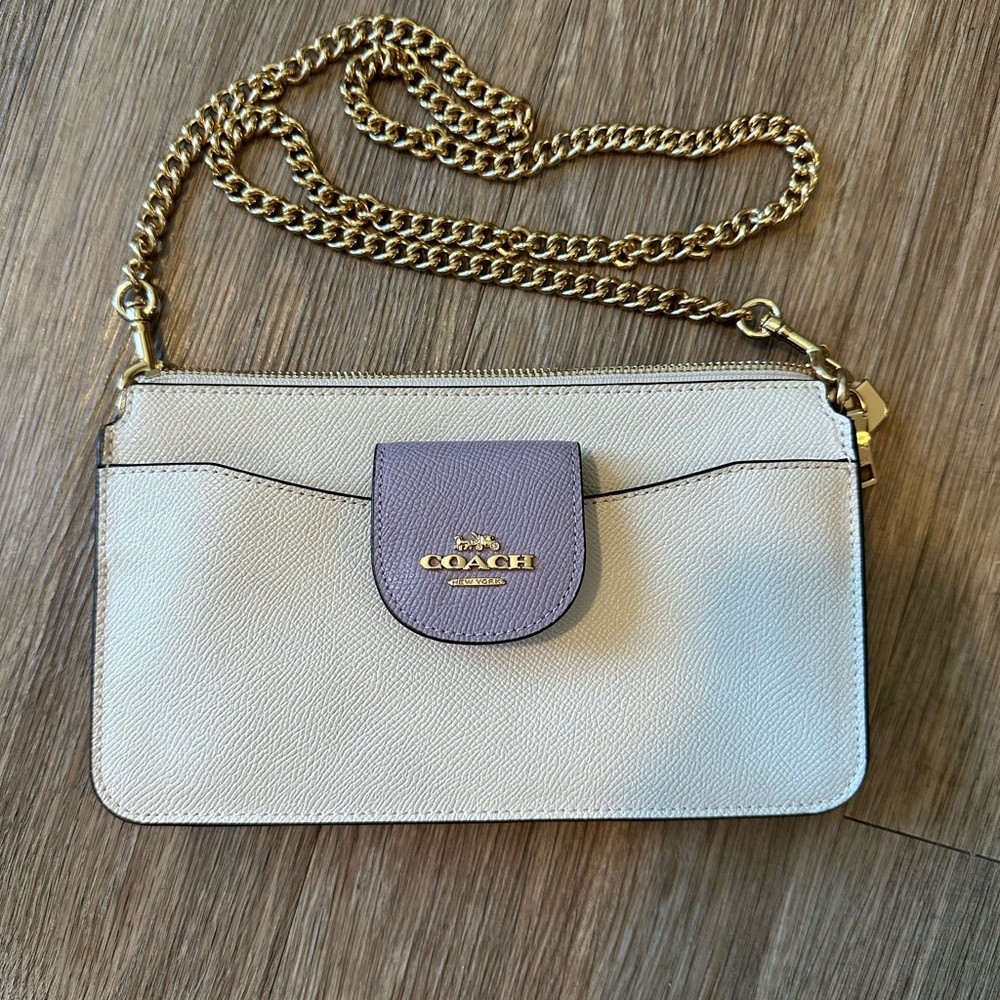 Coach Purse White with purple/coral accents & gold chain 8x5